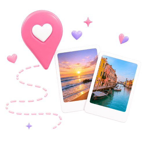 A map pin with polaroid photos and hearts